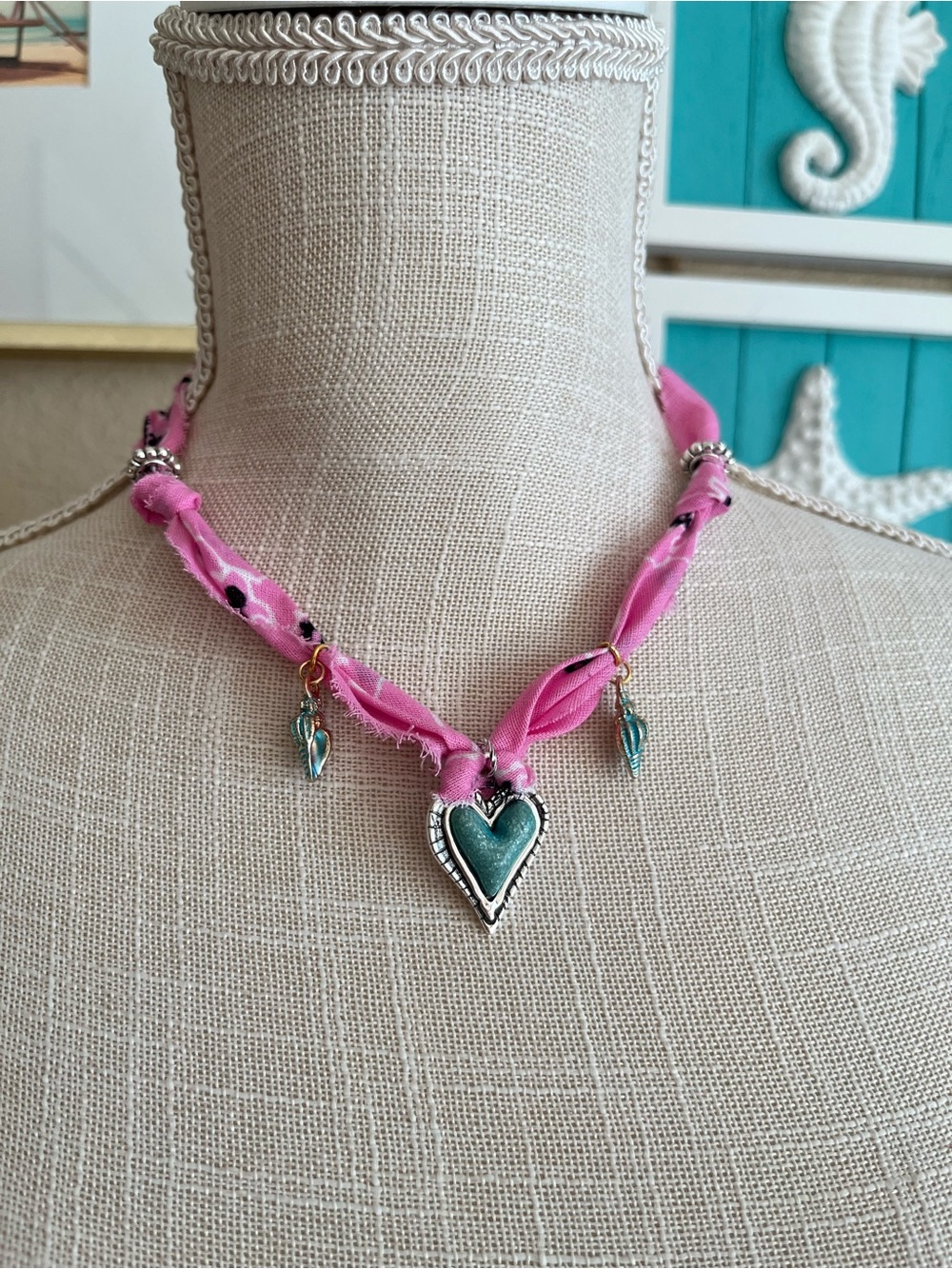 Pink Scarf Necklace with Turquoise Heart and Shell Charms - Picture 4 of 9